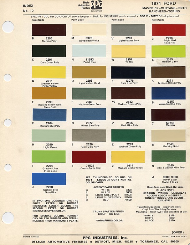 1971 Mustang Color Chart (PPG / Ditzler Colors)