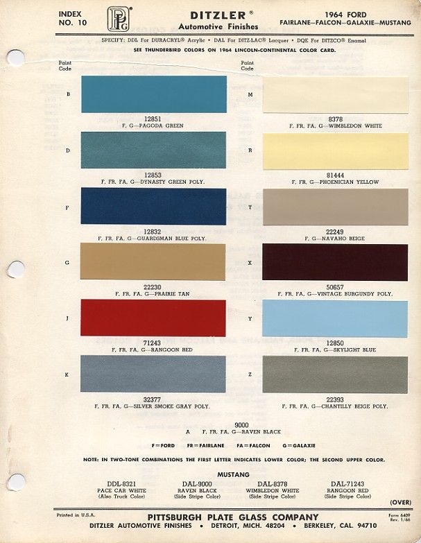 1964.5 Mustang Color Chart