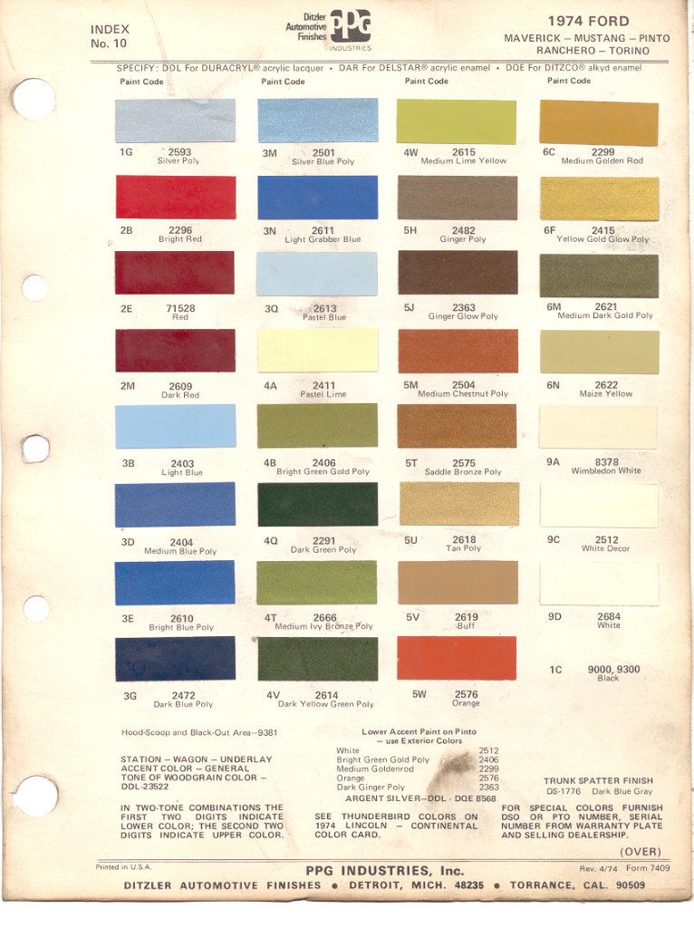 1974 Mustang Color Chart (PPG / Ditzler Colors)