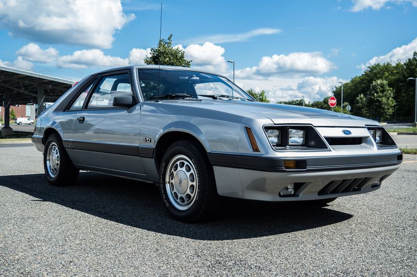 Silver 1985 Ford Mustang