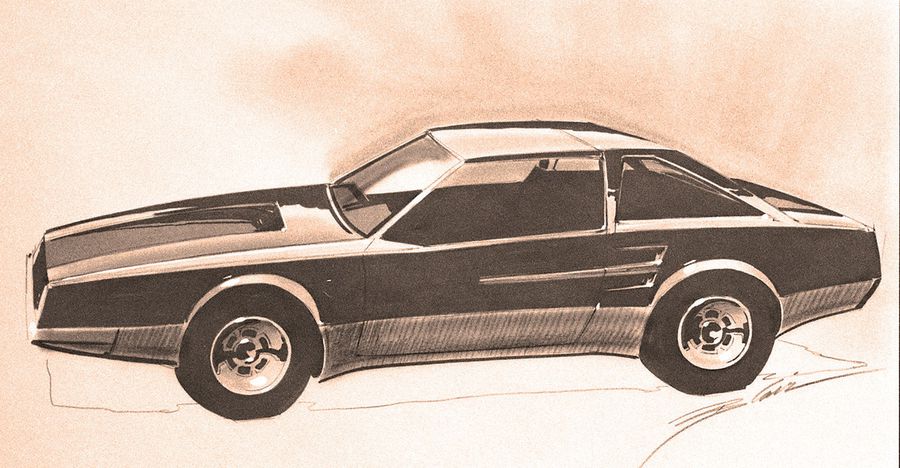 Early illustrations of the Fox Body Mustang from Ford dated February 24, 1976, Both of these examples display proportions similar to the final car, though with significantly more elaborate detailing and massive intakes.