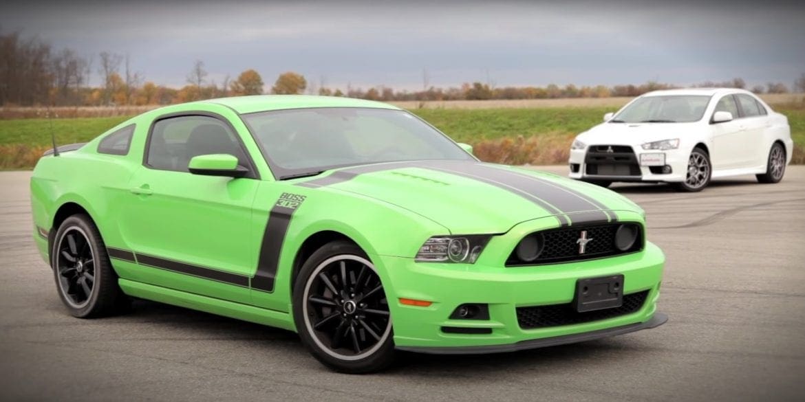 Video: 2013 Ford Mustang Boss 302 vs. 2013 Mitsubishi Lancer Evolution MR