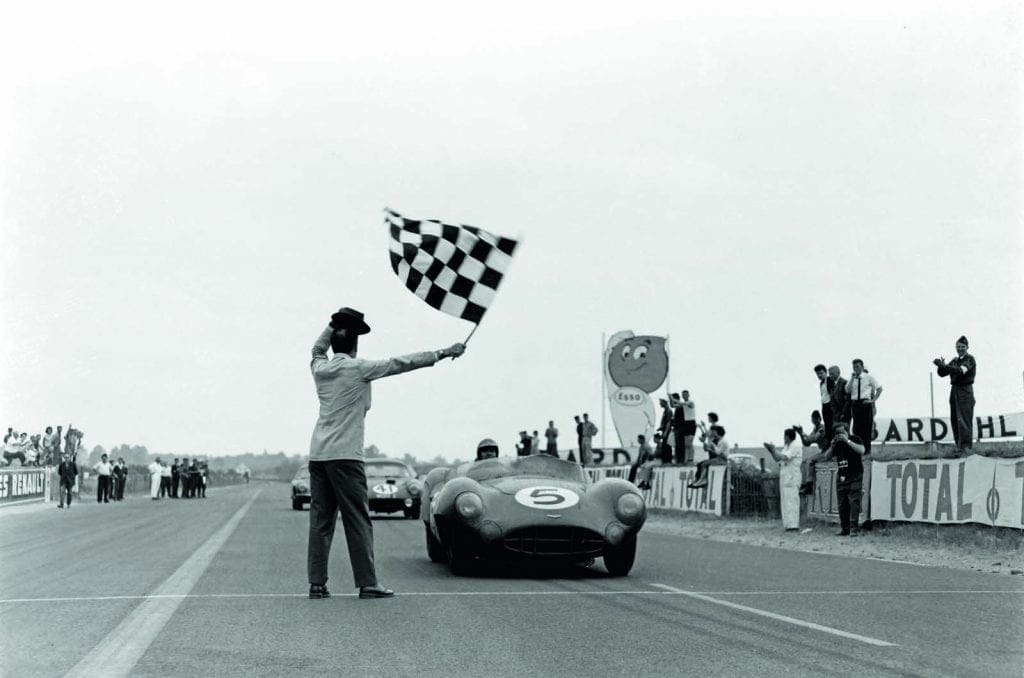 Carroll Shelby (driving an Aston Martin) wins the 24 Hours of Le Mans in 1959.