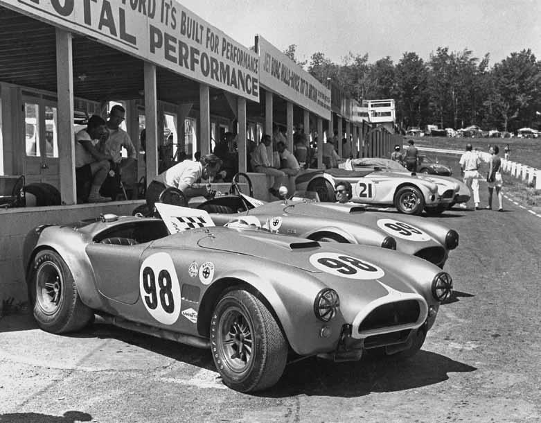 Shelby Cobras lined up near the garages at Watkins Glen.