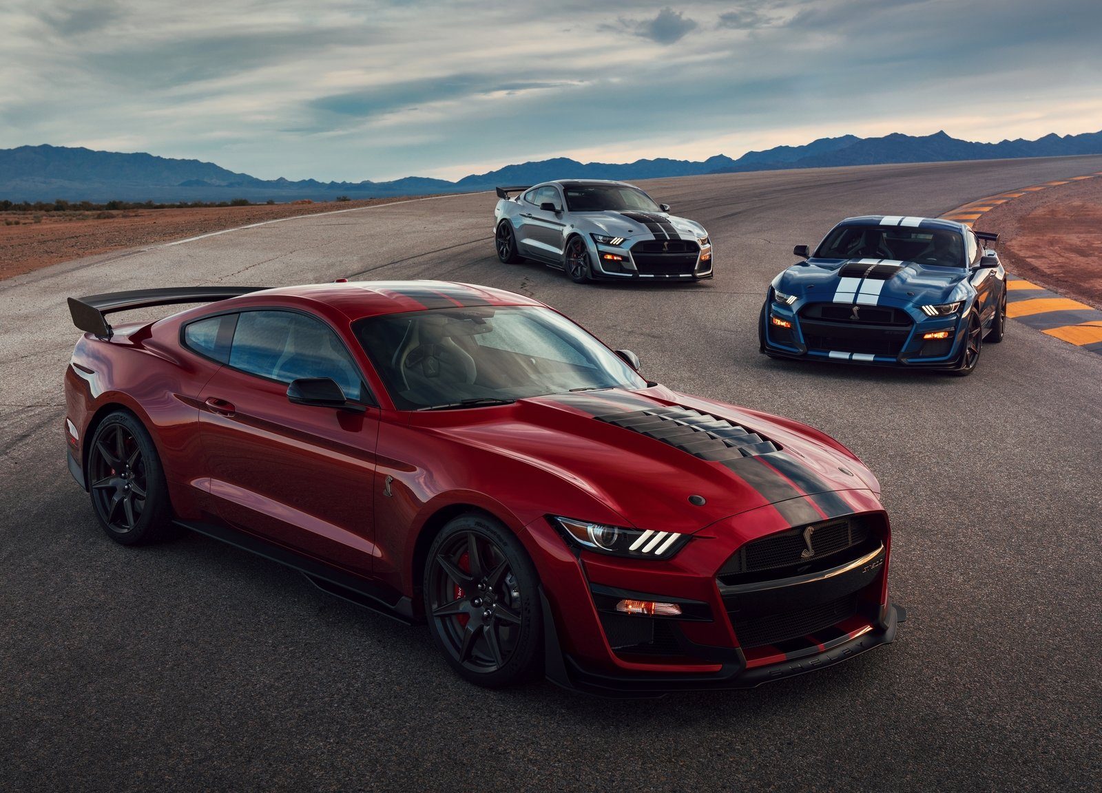 Three 2020 Shelby GT500 Ford Mustangs on race track