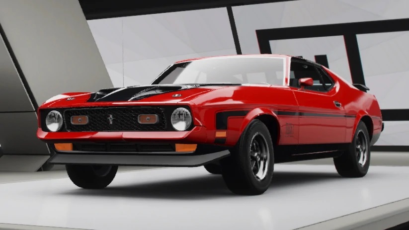 Red 1971 Ford Mustang Mach 1 in showroom