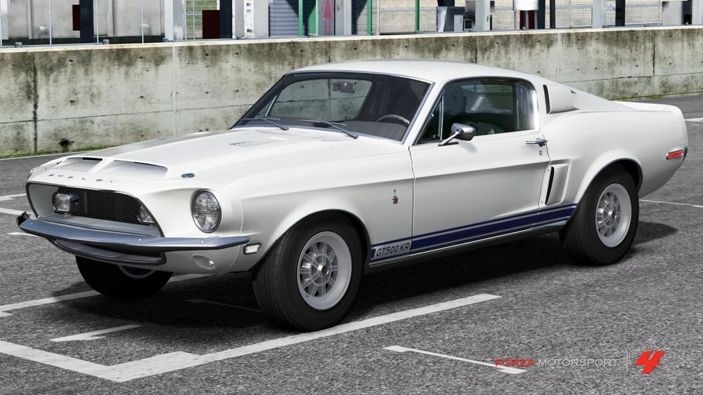White Ford Mustang GT500KR in parking lot in Forza Motorsport 4