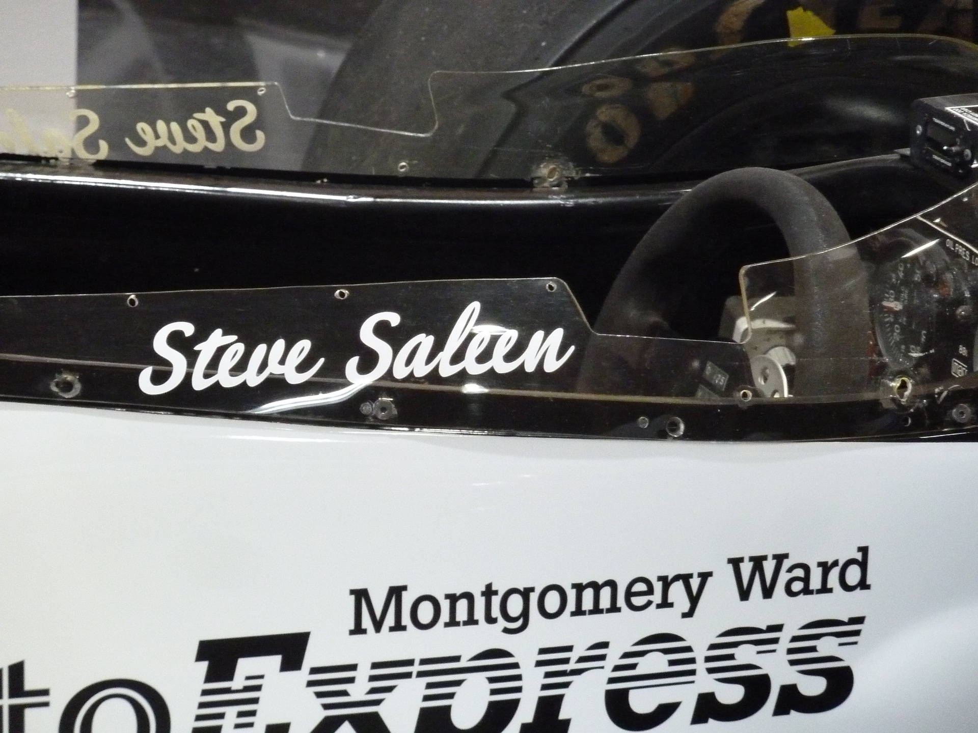 Name of Steve Saleen on windshield of Saleen Mustang race car