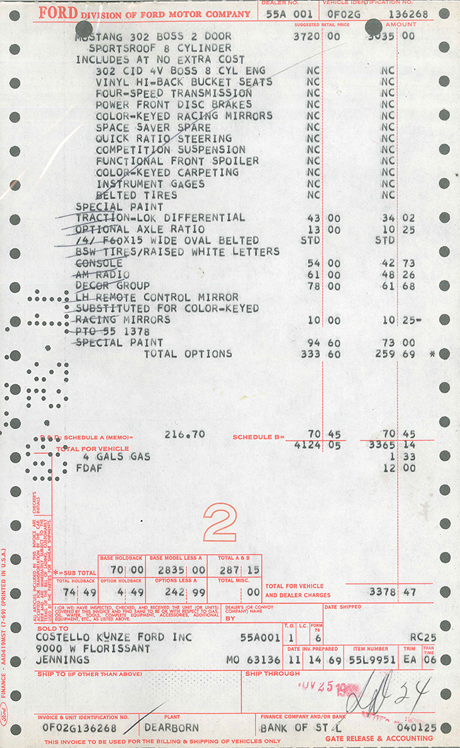 Original order sheet for Dream Giveaway's 1970 Ford Mustang Boss 302