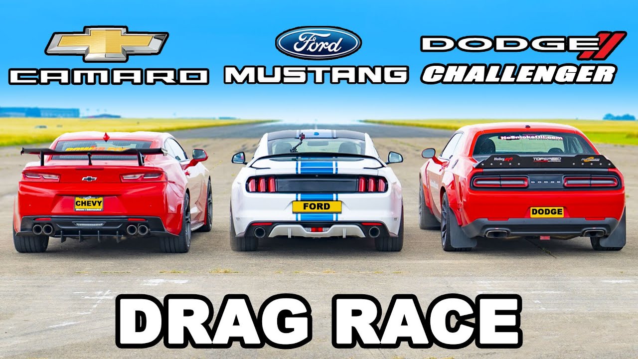 All-American Muscle Car Drag Race Between A Mustang, Camaro, & Dodge