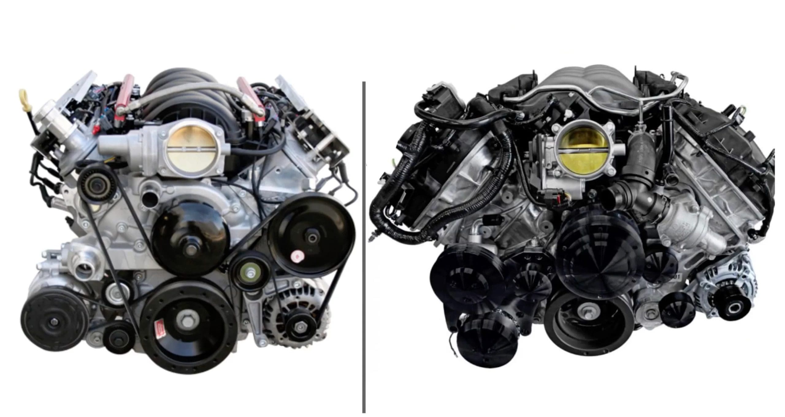 Chevy's LS on the left vs Ford's Coyote engine on the right