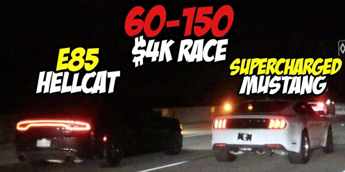 $4k Drag Race Between A Supercharged Mustang And E85 Hellcat Charger