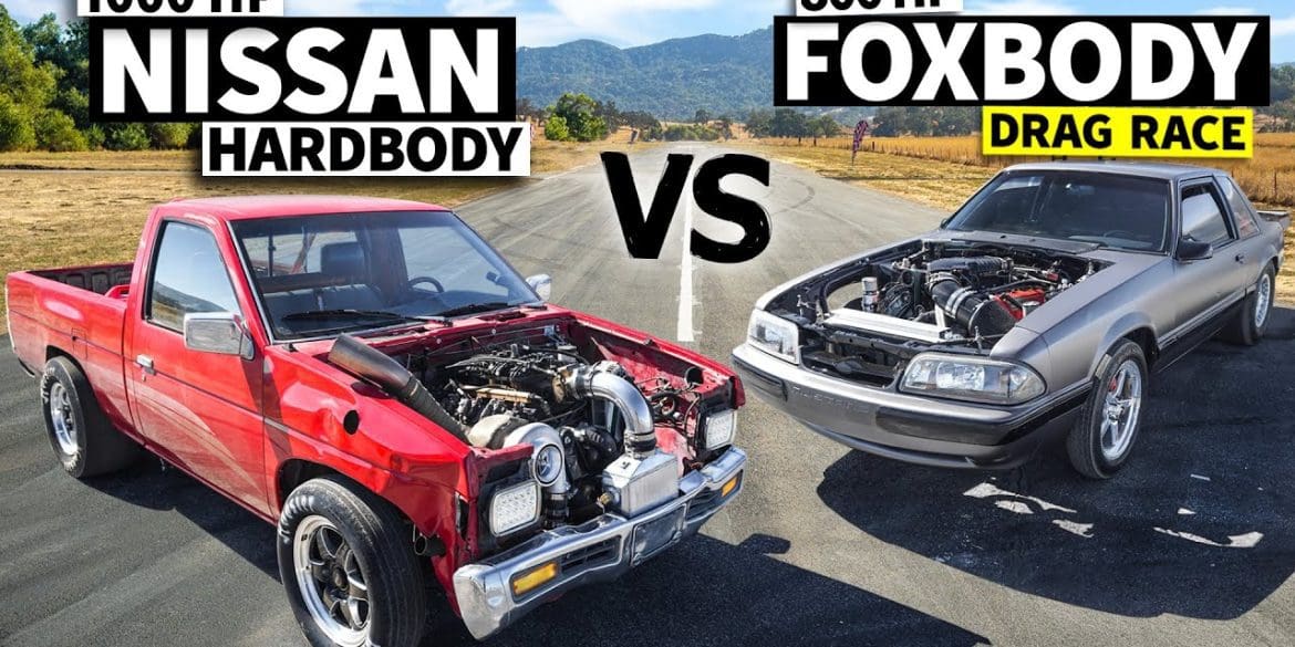 Watch This 800-HP Fox Body Ford Mustang Go Head-To-Head Against A 1000-HP Nissan Hardbody On A Drag Race