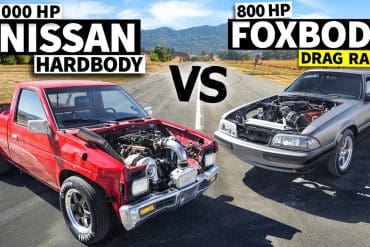 Watch This 800-HP Fox Body Ford Mustang Go Head-To-Head Against A 1000-HP Nissan Hardbody On A Drag Race