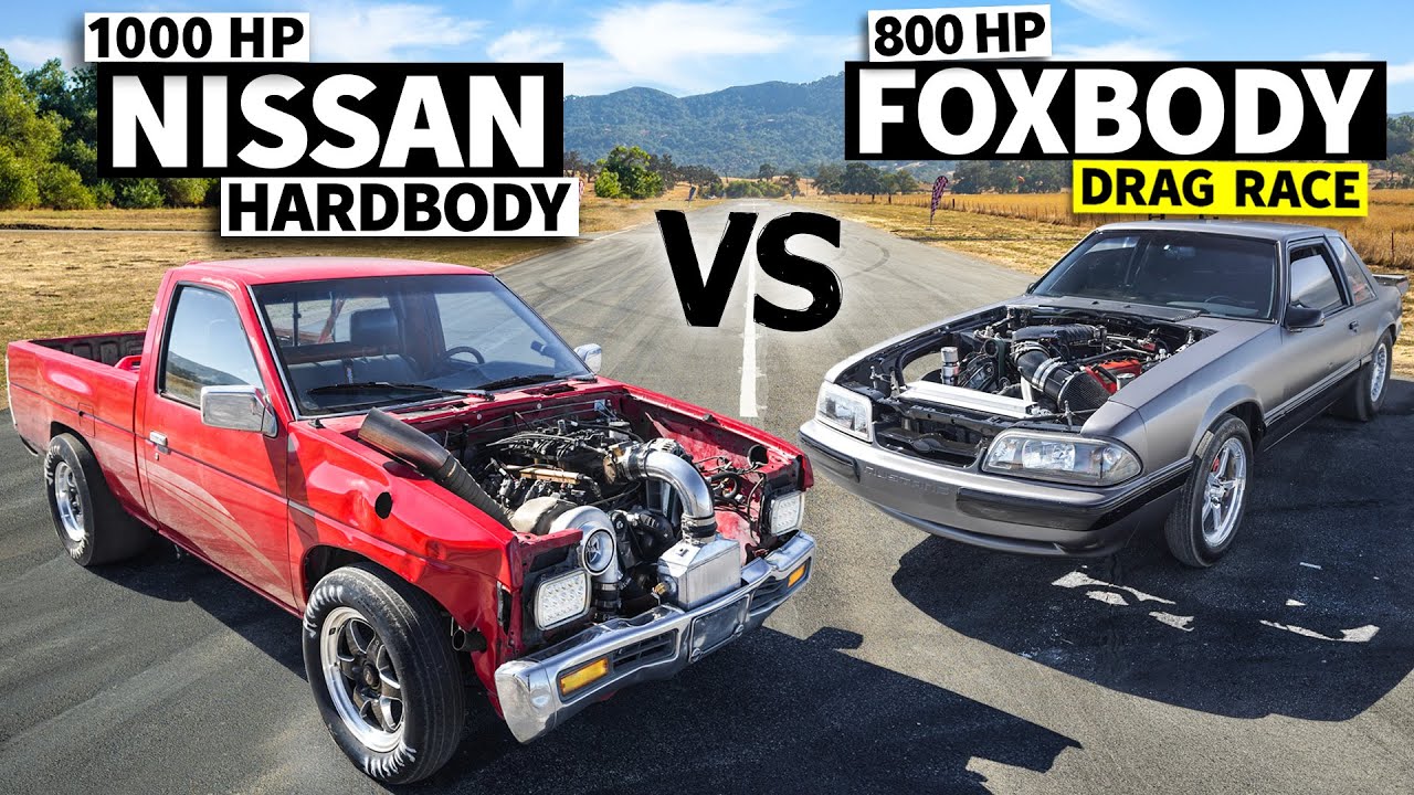 Watch This 800-HP Fox Body Ford Mustang Go Head-To-Head Against A 1000-HP Nissan Hardbody On A Drag Race