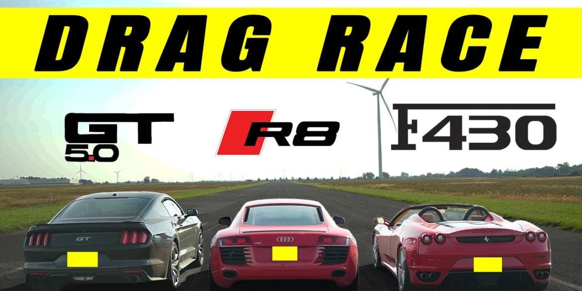 Ford Mustang GT Lines Up Against An Audi R8 And A Ferrari F430 In A Drag Race!