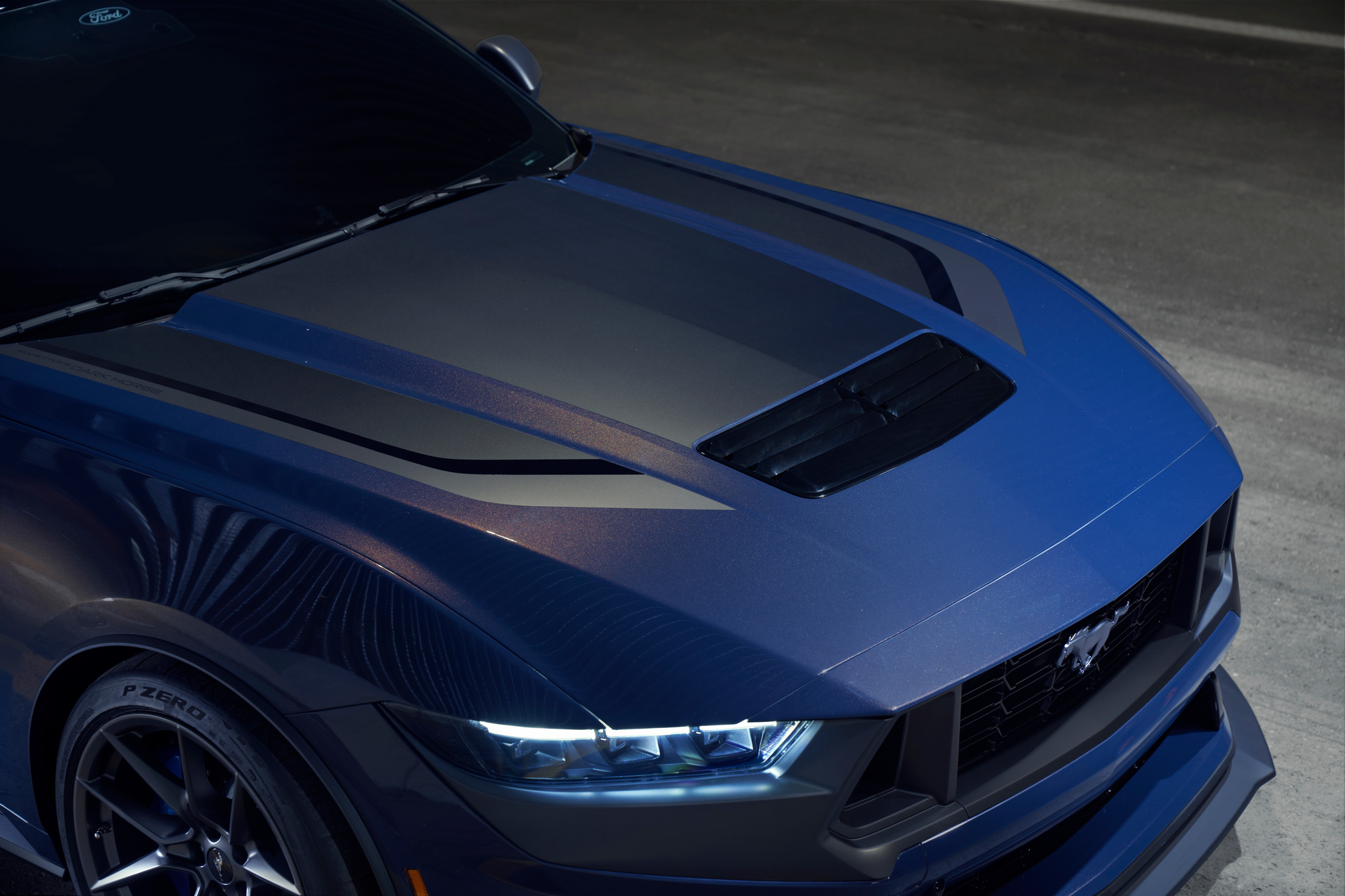 top angle view of mustang dark horse front and hood