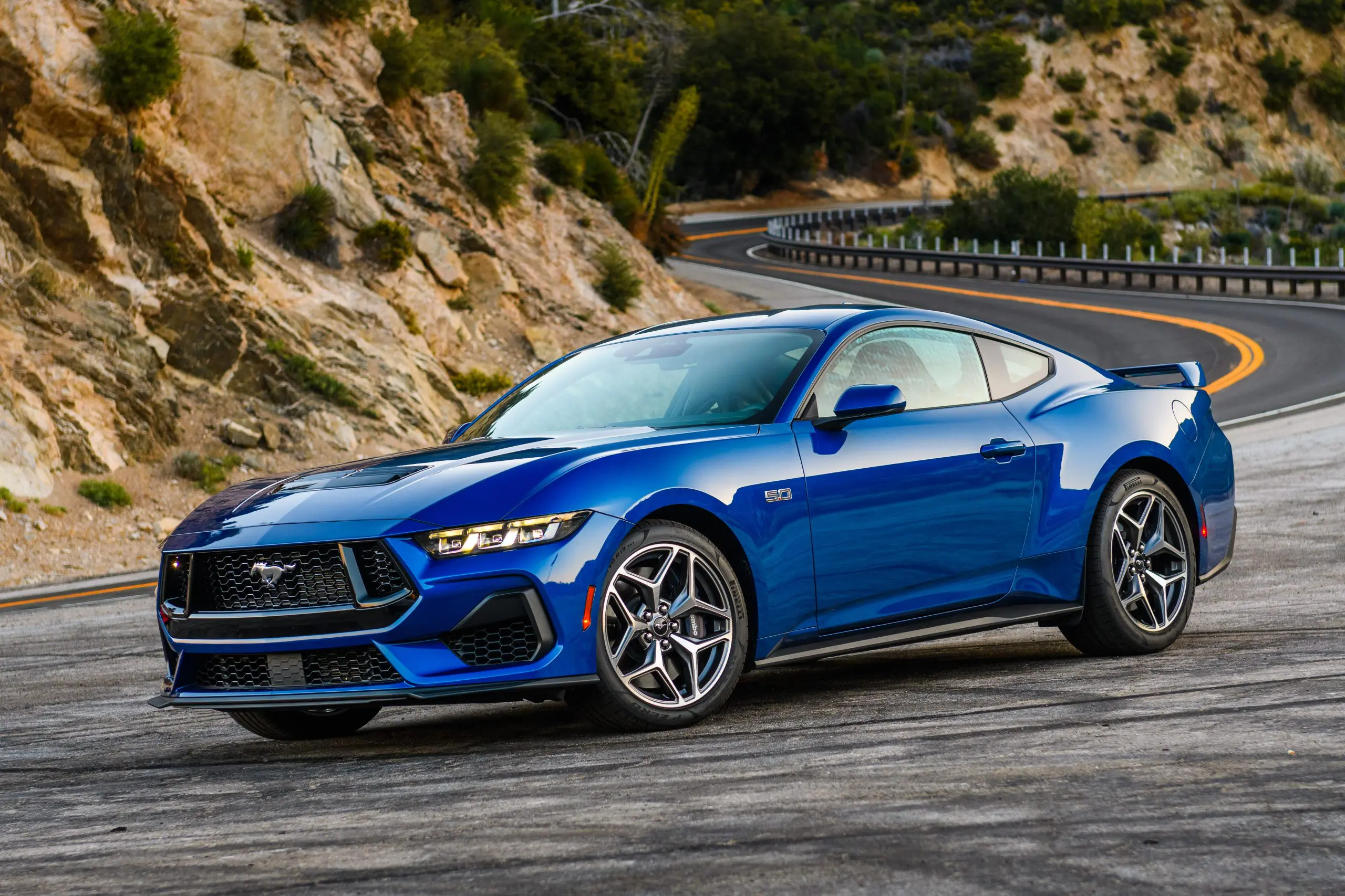 2024 Atlas Blue Mustang GT with 5.0 L engine